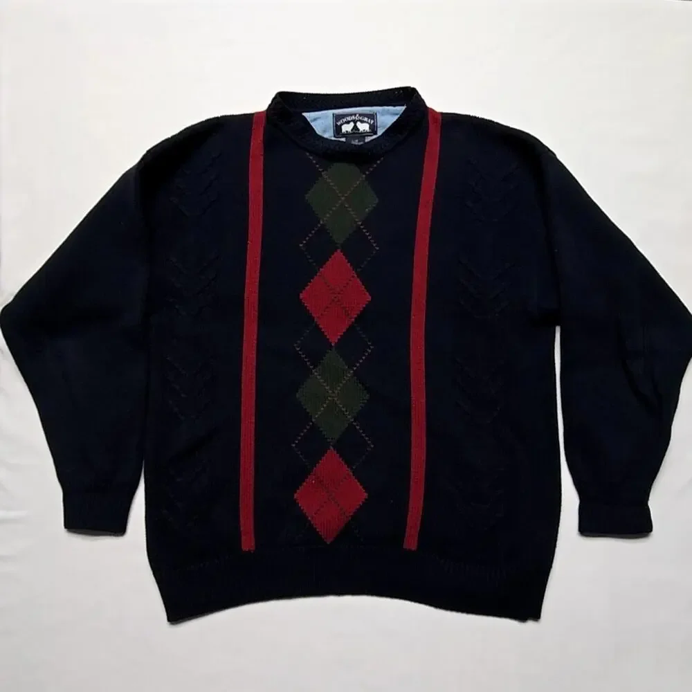Vintage Argyle Sweater Blue Red Green Woods & Gray Mens Large Knit Pullover 90s